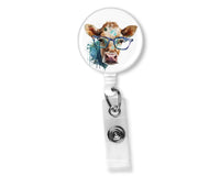 Brown Cow with Glasses Badge Reel - Sew Lucky Embroidery