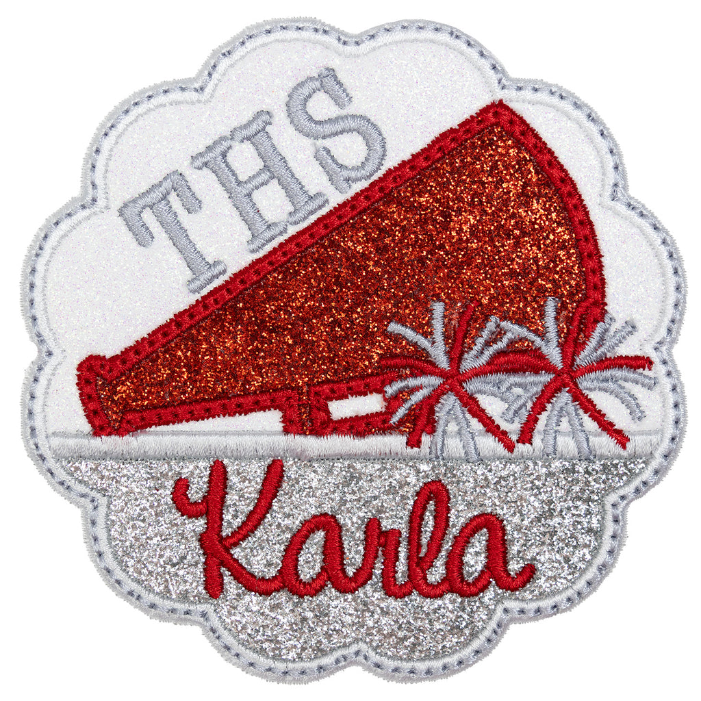 Cheer Megaphone Name Patch Custom Glitter Embroidered Cheer Patch for Team Jackets, Bags, or Uniforms Iron-On or Sew-On - Sew Lucky Embroidery
