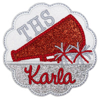 Cheer Megaphone Name Patch Custom Glitter Embroidered Cheer Patch for Team Jackets, Bags, or Uniforms Iron-On or Sew-On - Sew Lucky Embroidery