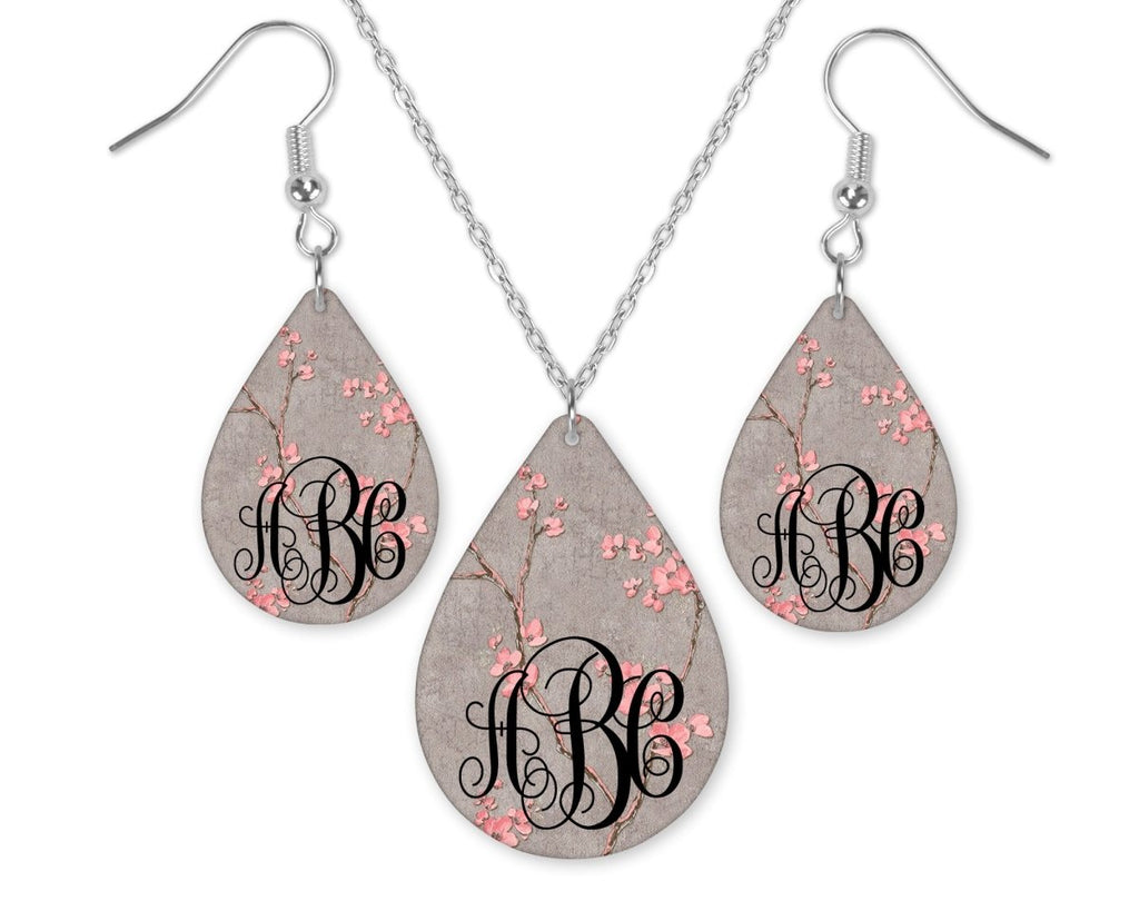 Cherry Blossoms Monogrammed Teardrop Earrings and Necklace Set - Sew Lucky Embroidery