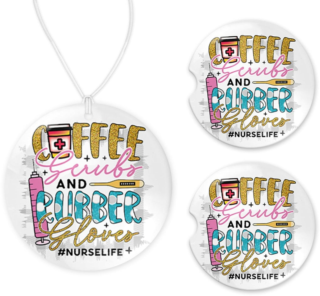 Coffee Scrubs and Gloves Car Charm and set of 2 Sandstone Car Coasters - Sew Lucky Embroidery