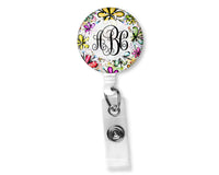 Colorful Floral Monogram Badge Reel - Sew Lucky Embroidery