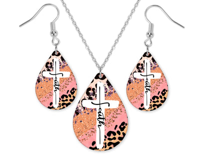 Colorful Leopard Faith Cross Teardrop Earrings and Necklace Set