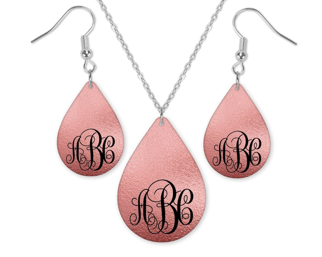 Coral Monogrammed Teardrop Earrings and Necklace Set - Sew Lucky Embroidery
