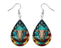 Cow Skull and Sunflowers Earrings - Sew Lucky Embroidery