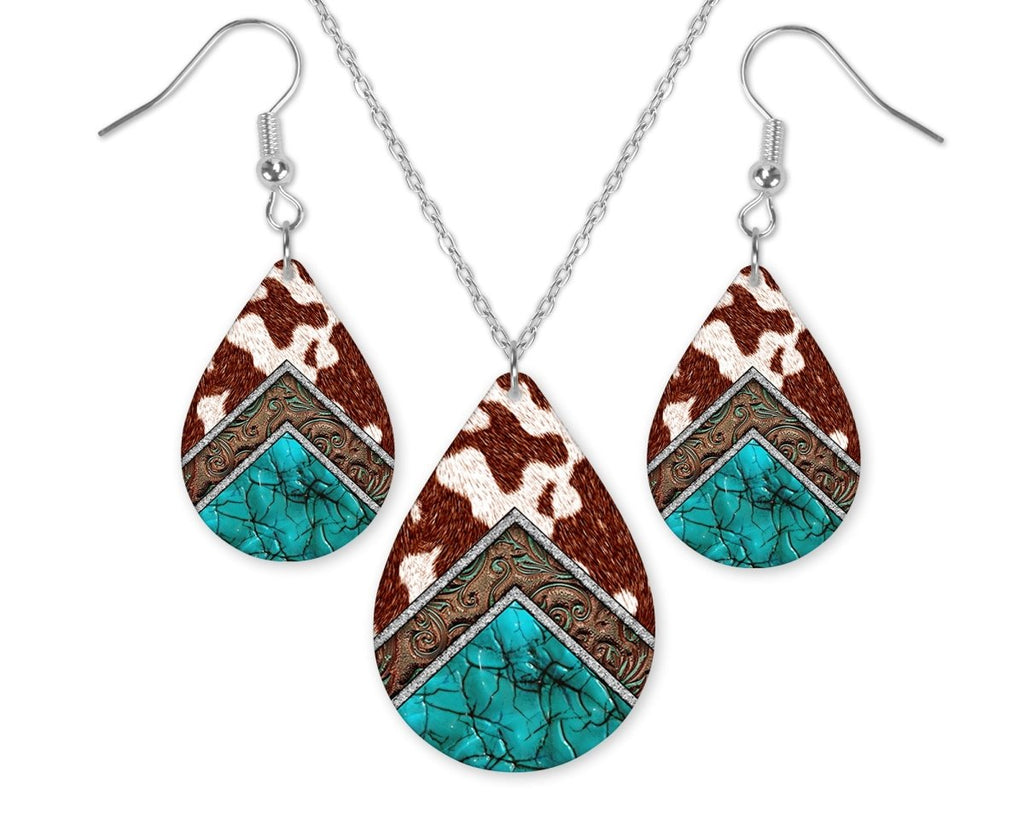 Cowhide Turquoise Earrings and Necklace Set - Sew Lucky Embroidery