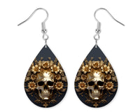 Dark Golden Floral Skull Earrings and Necklace Set - Sew Lucky Embroidery