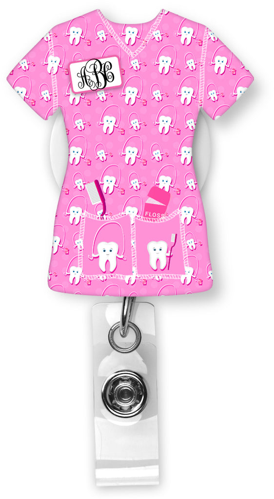 Dentist Scrubs Monogram Badge Reel - Sew Lucky Embroidery