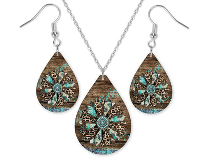 Distressed Teal and Leopard Flower Earrings and Necklace Set
