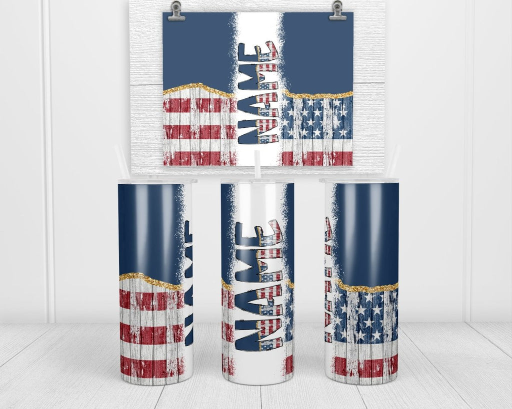 Distressed American Flag Personalized 20oz Insulated Tumbler with Lid and Straw - Sew Lucky Embroidery