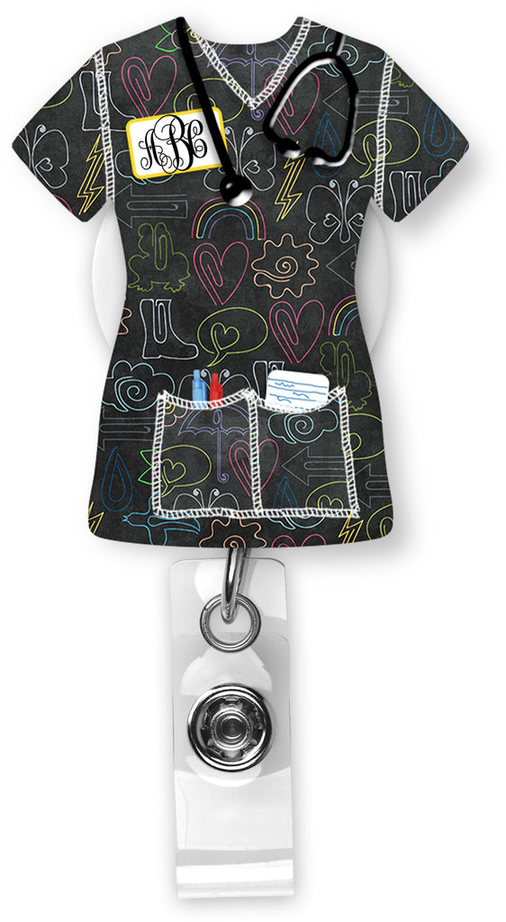 Doodle Scrubs Monogram Badge Reel - Sew Lucky Embroidery