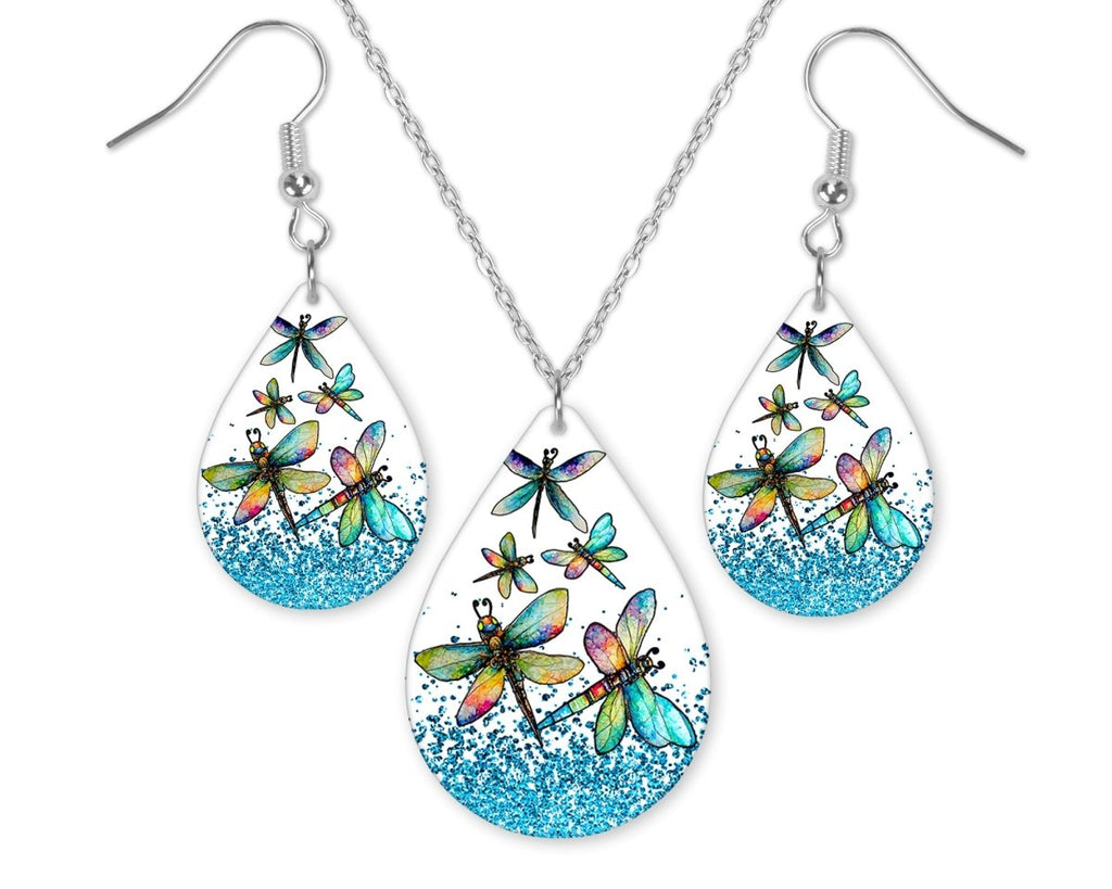 Dragonflies Blue Earrings and Necklace Set - Sew Lucky Embroidery