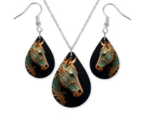Emerald Horse Earrings and Necklace Set - Sew Lucky Embroidery