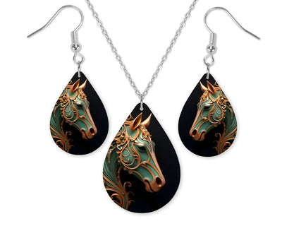 Emerald Horse Earrings and Necklace Set