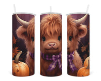 Fall Baby Highland Calf and Pumpkins 20 oz insulated tumbler with lid and straw - Sew Lucky Embroidery