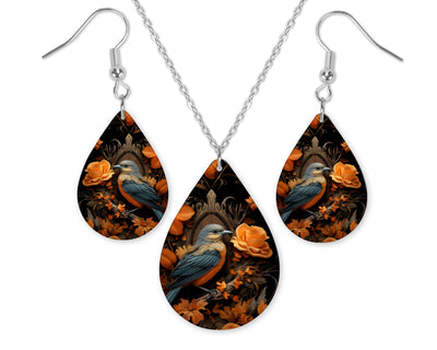 Fall Bird in Flowers Earrings and Necklace Set