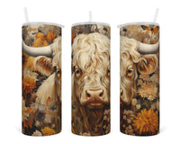Fall Blonde Highland Cow 20 oz insulated tumbler with lid and straw - Sew Lucky Embroidery