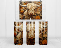 Fall Blonde Highland Cow 20 oz insulated tumbler with lid and straw - Sew Lucky Embroidery