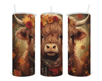 Fall Highland Cow Wearing Scarf 20 oz insulated tumbler with lid and straw - Sew Lucky Embroidery