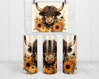 Fall Highland Cow Animated 20 oz insulated tumbler with lid and straw - Sew Lucky Embroidery