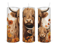 Fall Highland Cow and Calf 20 oz insulated tumbler with lid and straw - Sew Lucky Embroidery