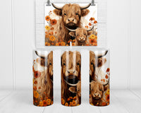 Fall Highland Cow and Calf 20 oz insulated tumbler with lid and straw - Sew Lucky Embroidery