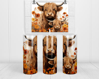 Fall Highland Cow and Calf 20 oz insulated tumbler with lid and straw