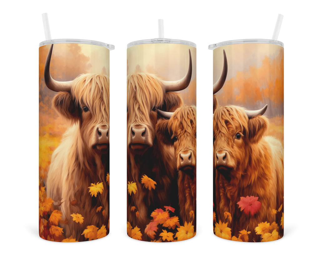Painted Fall Highland Cow 20 oz insulated tumbler with lid and straw