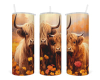 Fall Highland Cows 20 oz insulated tumbler with lid and straw - Sew Lucky Embroidery