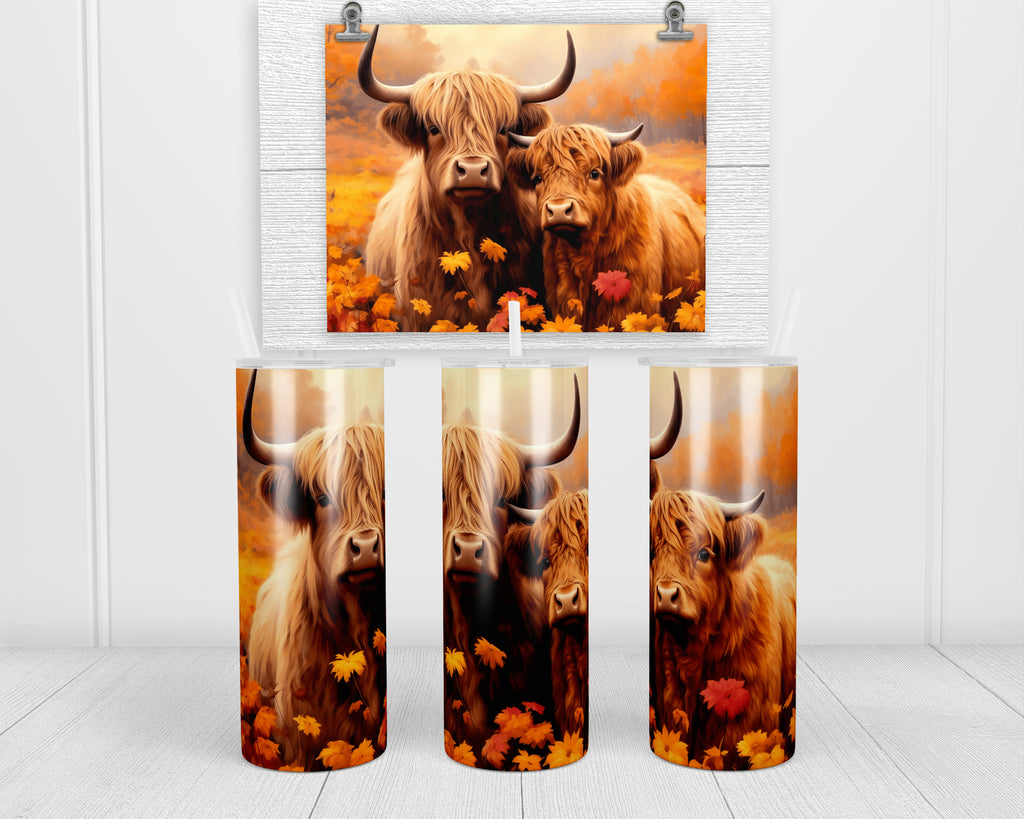 Watercolor Fall Highland Cow 20 oz insulated tumbler with lid and straw