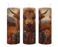 Fall Highland Cow Wearing Jacket 20 oz insulated tumbler with lid and straw - Sew Lucky Embroidery