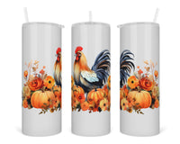 Fall Rooster 20 oz insulated tumbler with lid and straw - Sew Lucky Embroidery