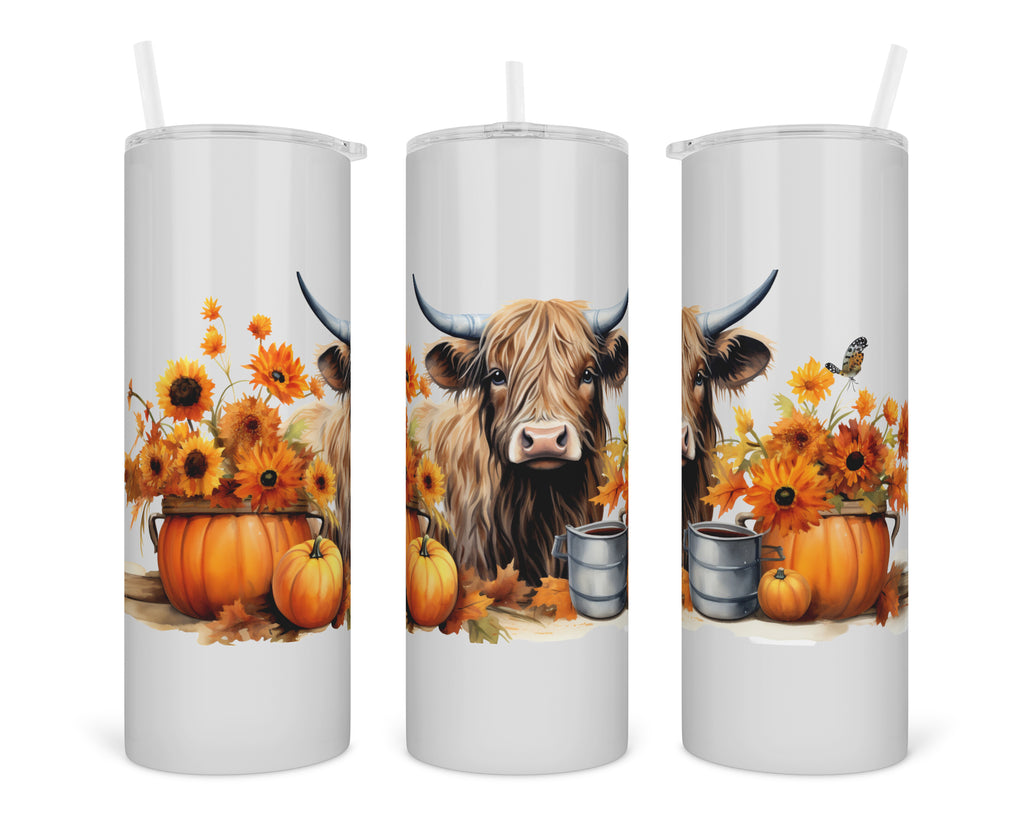 Watercolor Fall Highland Cow 20 oz insulated tumbler with lid and straw