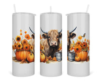 Fall Setup Highland Cow 20 oz insulated tumbler with lid and straw - Sew Lucky Embroidery