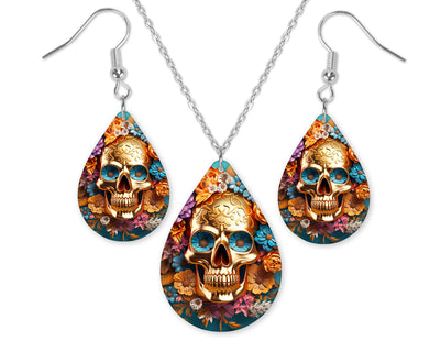 Fall Vibrant Skull Earrings and Necklace Set