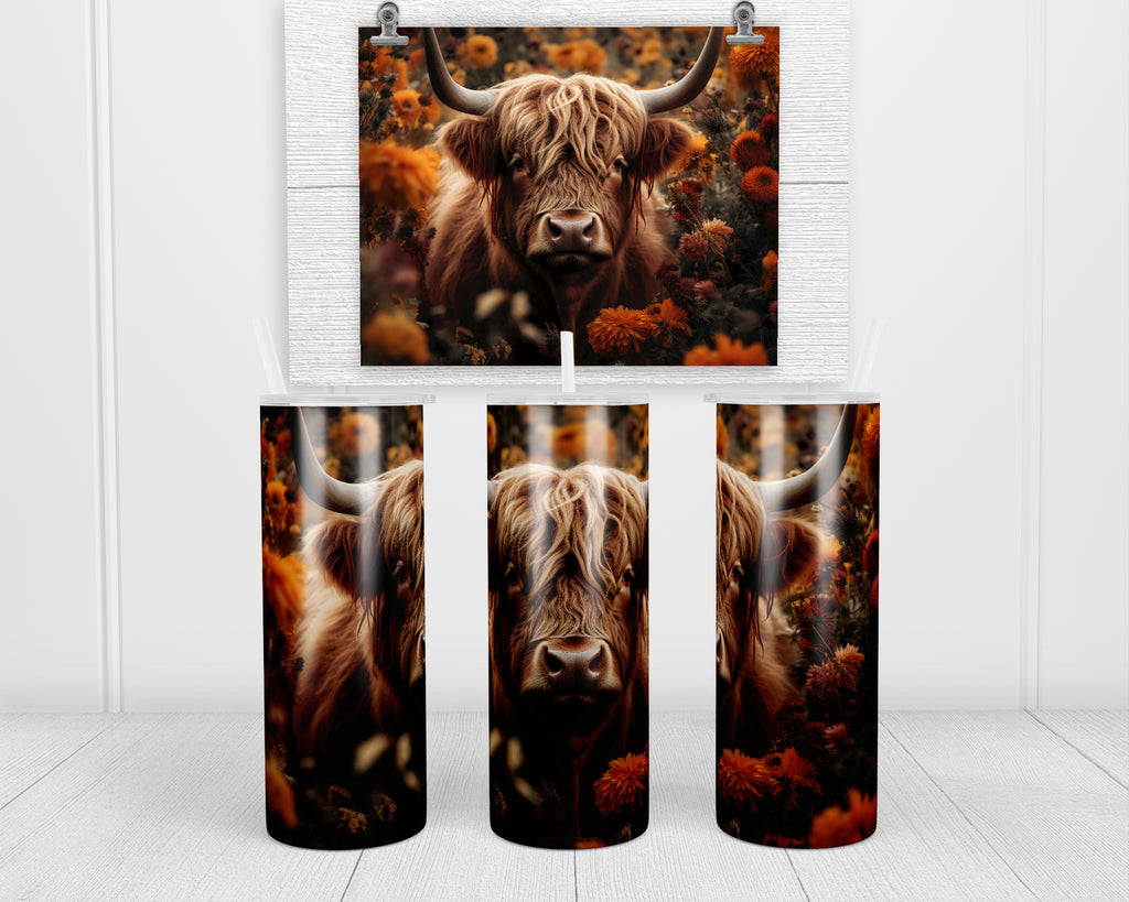 Fall Flowers Highland Cow 20 oz insulated tumbler with lid and straw - Sew Lucky Embroidery
