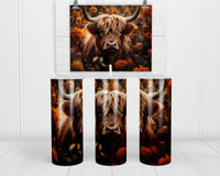 Fall Flowers Highland Cow 20 oz insulated tumbler with lid and straw - Sew Lucky Embroidery