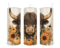 Fall Highland Cow Animated 20 oz insulated tumbler with lid and straw - Sew Lucky Embroidery