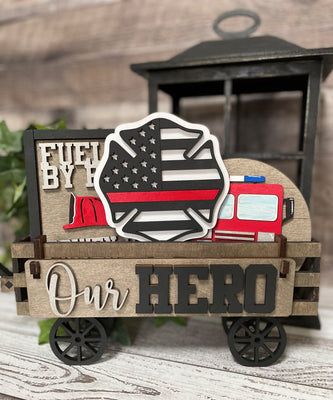 Hero Firefighter Handmade Wood Wagon Interchangeable Decor Set