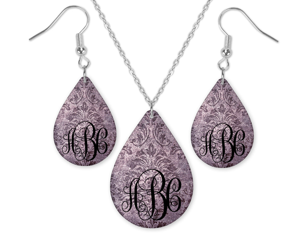 Floral Damask Monogrammed Teardrop Earrings and Necklace Set - Sew Lucky Embroidery
