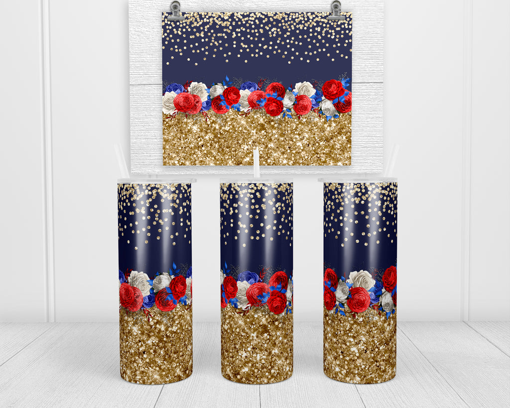 Floral with Glitter 20 oz insulated tumbler with lid and straw - Sew Lucky Embroidery