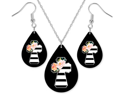 Floral Cross Teardrop Earrings and Necklace Set