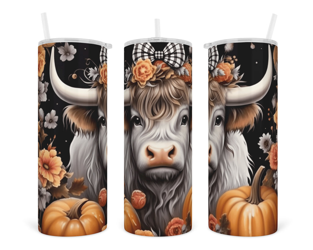 Highland Cow with Pumpkins 20 oz insulated tumbler with lid and straw