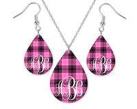 Girly Plaid Monogrammed Teardrop Earrings and Necklace Set - Sew Lucky Embroidery