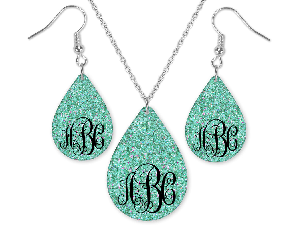 Glitter Monogrammed Teardrop Earrings and Necklace Set - Sew Lucky Embroidery