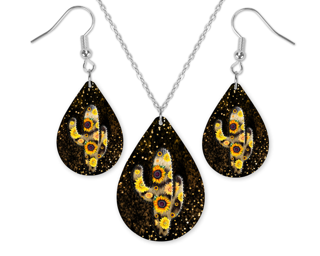 Glitter and Sunflower Cactus Teardrop Earrings and Necklace Set - Sew Lucky Embroidery