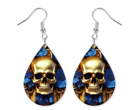 Gold Skull and Blue Floral Earrings and Necklace Set - Sew Lucky Embroidery