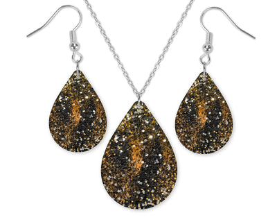 Gold and Black Glitter Teardrop Earrings and Necklace Set