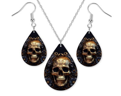 Golden Black Skull Earrings and Necklace Set