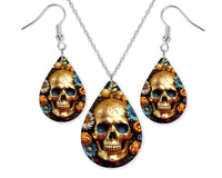 Golden Blue Skull Earrings and Necklace Set - Sew Lucky Embroidery